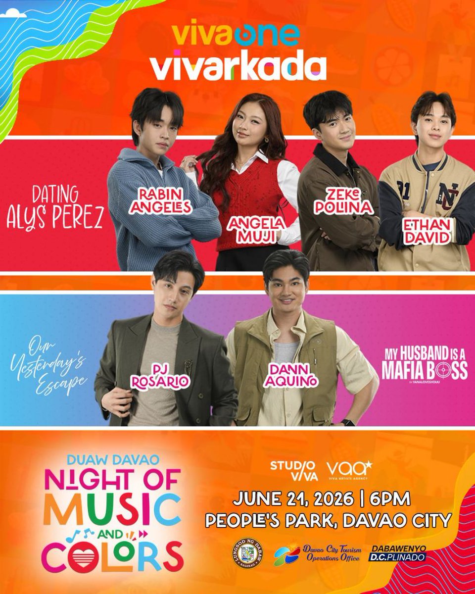 VivaOnePH's tweet photo. DABAWENYOS, ARE YOU READY? 🥳

Vivarkada is coming to #DuawDavao! 😍

Makisaya with the stars of Dating Alys Perez—Rabin Angeles, Zeke Polina, Angela Muji and Ethan David. Together with Our Yesterday's Escape star PJ Rosario and My Husband is a Mafia Boss star Dann Aquino. https://t.co/3mS8OK1DdR