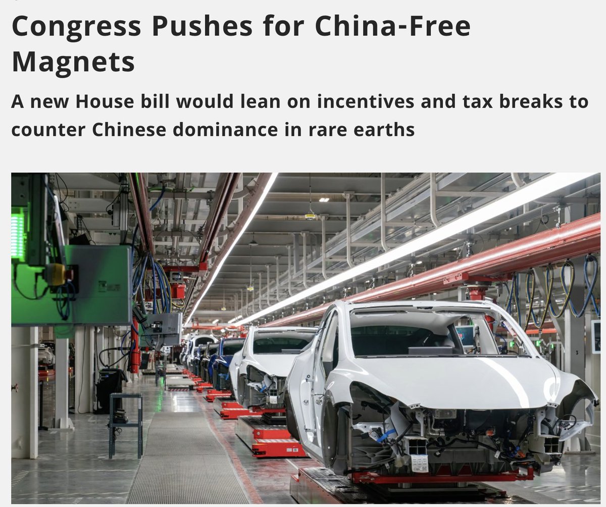 spotlightoncn's tweet photo. Last October, Beijing expanded its economic statecraft into aggressive new territory by introducing a tight restrictions regime on rare earth metal exports.

The move temporarily cut off America’s supply of material components vital for electric vehicles and fighter jets, causing the U.S. auto industry to panic and prompting the Trump administration to walk back its most extreme tariff threats.

Eight months later, analysts believe Beijing may have overplayed its hand, effectively forcing the United States to accelerate the construction of its own independent supply chain.

Last week, the U.S. House Select Committee on China introduced new bipartisan legislation designed to aggressively spur the growth of America’s domestic magnet industry.

Cosponsored by Representatives John Moolenaar and Ro Khanna, the bill introduces robust financial incentives along the entire magnet supply chain, spanning from rare earth oxide production to advanced military-grade magnet manufacturing.

The legislation provides a 15% tax credit for American motor manufacturers who source magnets domestically, limiting the eligibility to inputs from NATO allies and key regional partners like Japan, Australia, and South Korea.

China spent decades building its dominance in the extraction and processing of rare earth metals, and it currently controls over 90% of the global supply chain, including 99% of heavy rare earths needed for F-35 fighter jet engines.

The supply crisis has pushed the Trump administration to adopt a highly interventionist approach, including acquiring a 15% stake in MP Materials, which operates America’s only active rare earth mine in California.

Washington has also taken strategic stakes in mining and smelting projects in Alaska and Tennessee, and is actively negotiating to acquire roughly 8% of Critical Minerals, which owns a massive rare earth site in Greenland.

While the administration predicted the U.S. would secure self-sufficiency within a year and a half, independent experts warn that building the necessary infrastructure will take five to ten years, which aligns with the bill's tax credits extending until 2039.

Following a recent summit, the White House stated that China would address U.S. concerns regarding rare earth shortages, though Beijing's official readout of the meeting omitted any mention of critical minerals.

Meanwhile, Beijing has maintained its economic pressure, imposing strict rare earth export restrictions on Japan as part of a broader diplomatic spat over Taiwan, which the U.S. has unsuccessfully asked China to lift.

Both Japan and Taiwan remain central to Pax Silica, a U.S.-led multilateral framework launched last December to cooperate with democratic partners on chips and critical mineral supply chains.

The reshoring of technology manufacturing jobs remains a rare point of strong bipartisan agreement in a divided Congress, successfully bridging the gap between conservative China hawks and progressive lawmakers.
https://t.co/ThwQbcc7Fe