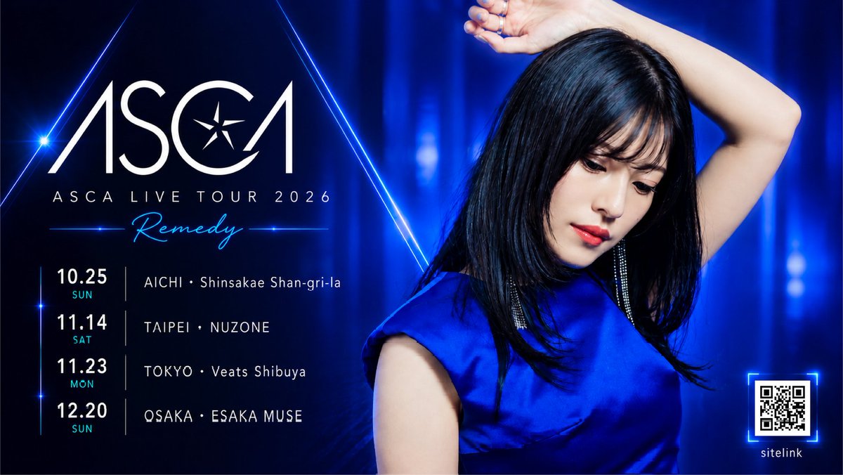 ASCA_and_staff's tweet photo. 🔷🔹チケット先行🔹🔷

『ASCA LIVE TOUR 2026 -Remedy-』
東名阪公演
チケット先行受付中！📣

🗓️受付期間
6/21(日)23:59まで
🖇️先行URL
https://t.co/tSLq05w1BH

#ASCA_RemedyTOUR
#ASCA_9th https://t.co/h2yHRKCBbq