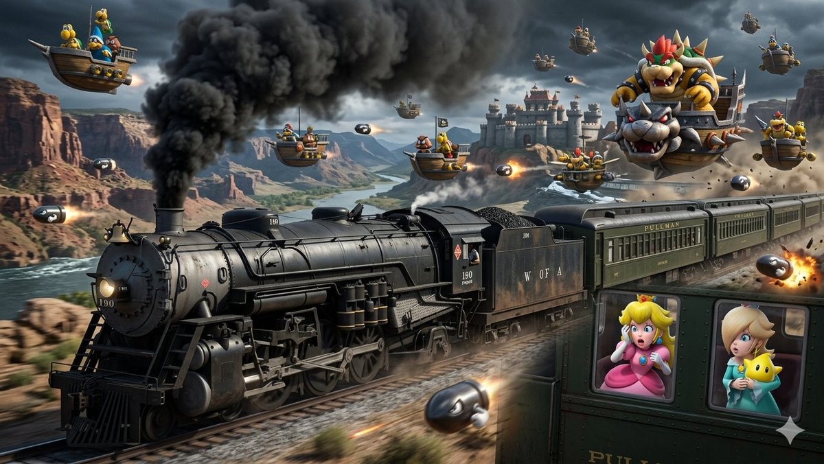 JohnPierson2005's tweet photo. Princess peach and Rosalina escape bowser and his army by train #PrincessPeach #PrincessRosalina #steamlocomotive https://t.co/YugbC3S8bM