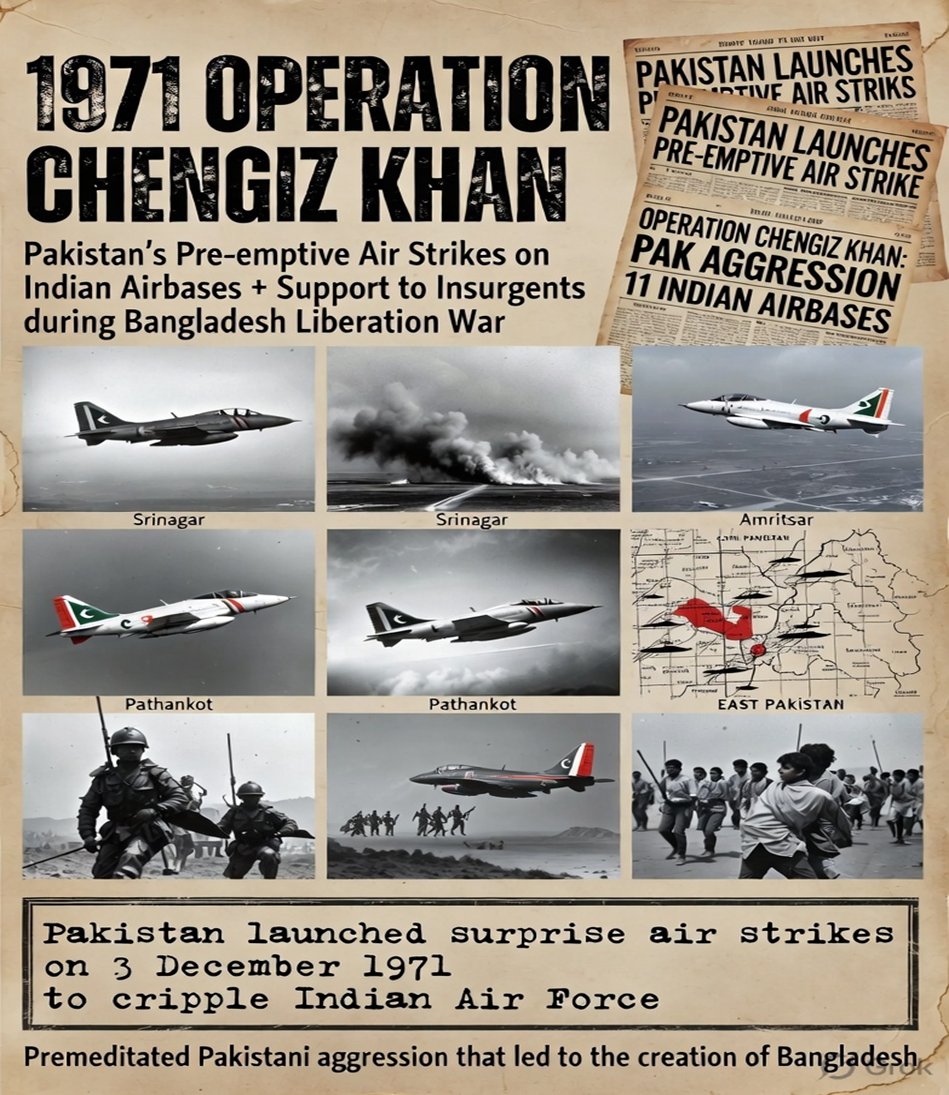 blackcat845564's tweet photo. 1971 Operation Chengiz Khan
On 3 Dec 1971, Pakistan launched pre-emptive air strikes against 11 Indian airbases and brutally suppressed East Pakistan, triggering the Bangladesh Liberation War. India’s decisive response created Bangladesh,adding to Pakistan’s long histor #Chengiz https://t.co/30tK3Yudnu