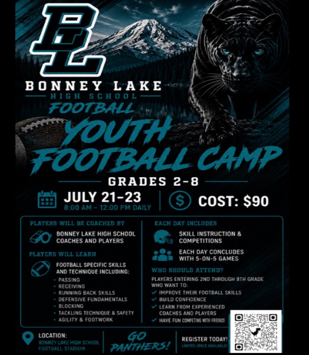 CoachBruce_BLFB's tweet photo. Calling all future Panthers in Grades 2-8!  Panthers, this is your chance to learn from the Bonney Lake High School football coaching staff and players while building skills, confidence, and a love for the game!

https://t.co/lc6gVrLwRr

#TheHill #PantherFootball #BLFootball https://t.co/LdQkbrQdtB