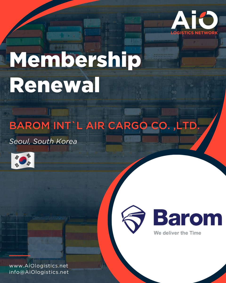 AiOLogistics's tweet photo. Great news! Barom Int`L Air Cargo Co. ,Ltd in South Korea has renewed their membership to AiO Logistics Network!

Thank you for being a part of the #AiOLogistics community

#AINetworks #freightforwarding #supplychain #freightnetworks #BaromIntLAirCargoCoLtd https://t.co/kXxlDe18AS