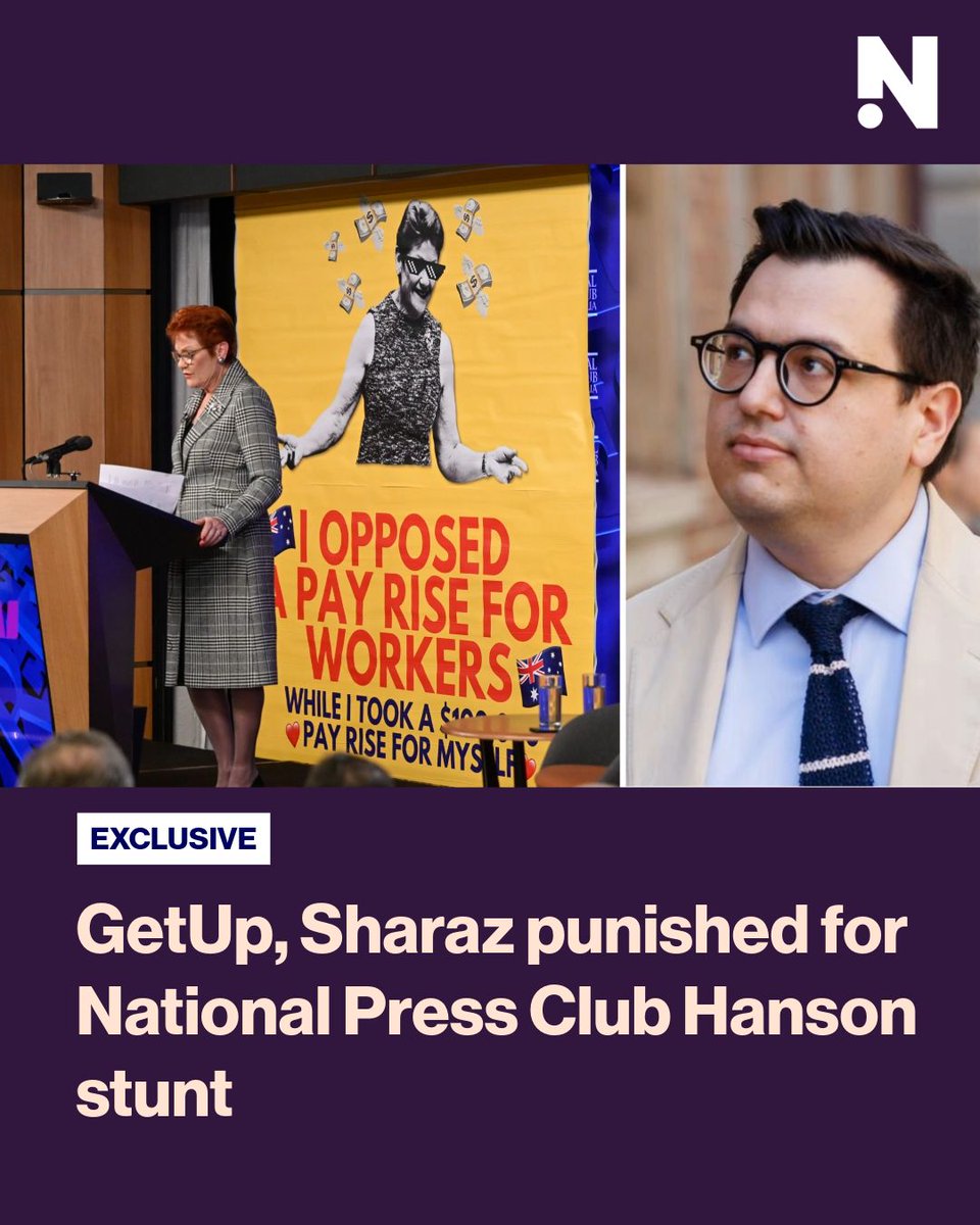 thenightlyau's tweet photo. EXCLUSIVE: The National Press Club have made a big move after David Sharaz’s GetUp lowered a banner during Pauline Hanson’s Canberra address. https://t.co/9BTOr43NGM https://t.co/earkcweH3P