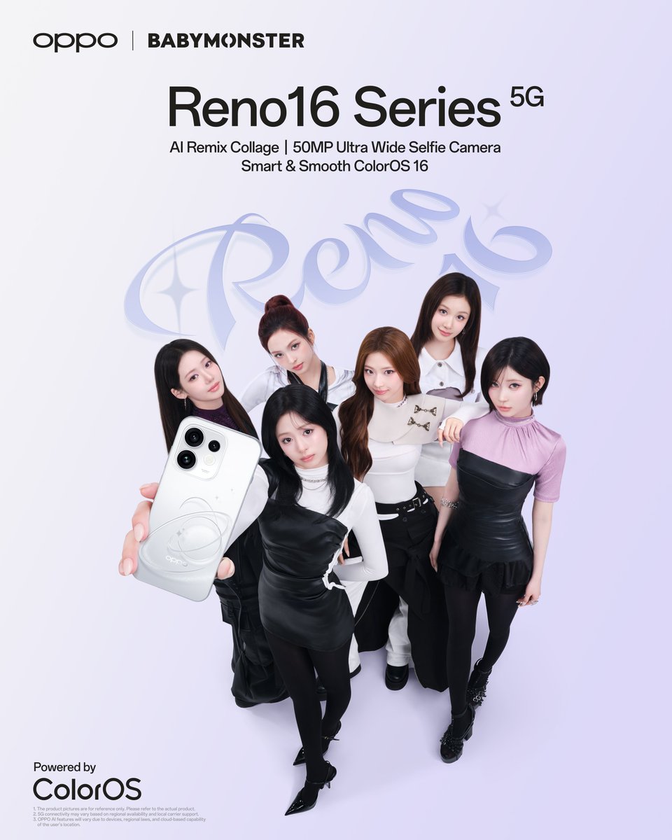 oppo's tweet photo. Meet the latest Reno Girls ☄️

BABYMONSTER brings the vibes with the stunning #OPPOReno16Series

#OPPOReno16SeriesxBABYMONSTER https://t.co/p7RkEupxdT