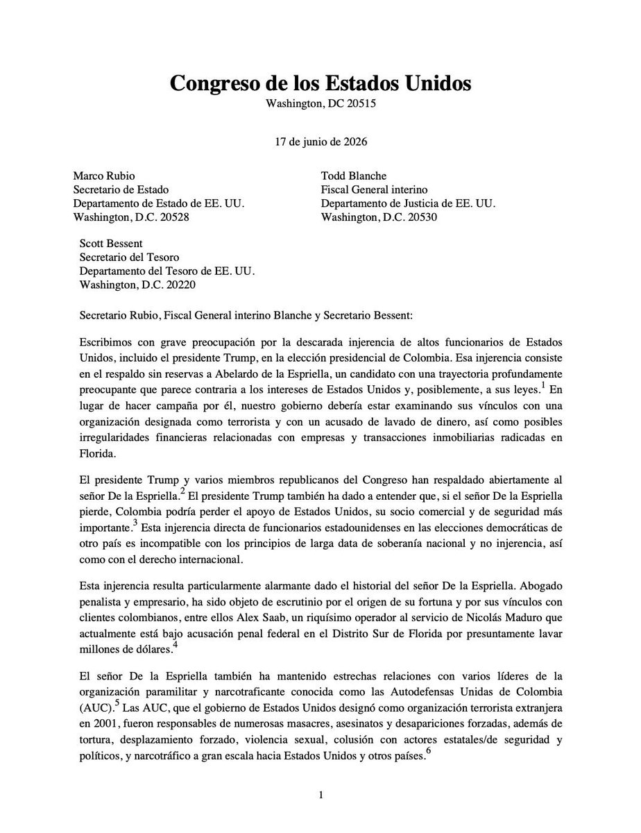 juliandezubiria's tweet photo. Un grupo de congresistas demócratas de EE.UU. pide investigar a Abelardo De la Espriella por sus estrechos vínculos con paramilitares y con Alex Saab, testaferro de Nicolás Maduro. Los demócratas del mundo ven con preocupación el ascenso del neofascismo en Colombia. https://t.co/6GgGeZX4uS