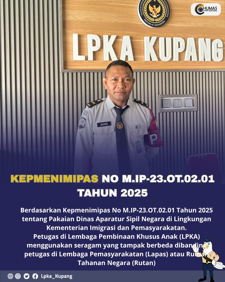 LPKAKupang's tweet photo. PETUGAS LPKA KOK SERAGAMNYA BEDA DENGAN DI LAPAS DAN RUTAN?
Berdasarkan Kepmenimipas No M.IP-23.OT.02.01 Tahun 2025 tentang Pakaian Dinas Aparatur Sipil Negara di Lingkungan Kementerian Imigrasi dan Pemasyarakatan.
Petugas di LPKA menggunakan seragam yang tampak berbeda. https://t.co/nXgFiCAlP6