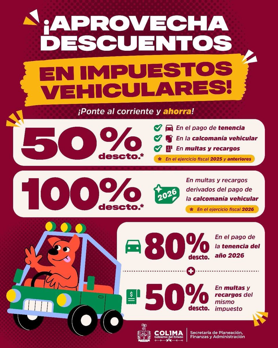 gobiernocolima's tweet photo. ¡Aún estás a tiempo de ahorrar! 🚗 📅 Aprovecha los descuentos y ponte al corriente antes del 30 de junio. No dejes pasar los beneficios fiscales vigentes:

✅ 50% de descuento en multas y recargos por incumplimiento en el pago del Impuesto sobre la Tenencia 2026 y anteriores, así como en multas y recargos de la calcomanía vehicular 2025 y anteriores.

✅ 50% de descuento en el pago de Tenencia y calcomanía vehicular correspondientes a 2025 y años anteriores.

✅ Además, aprovecha el subsidio gradual en Tenencia 2026:
• 70% en junio
• 60% en julio
• 50% en agosto
• 40% en septiembre
• 30% en octubre

👉🏽 Recuerda que para acceder a este beneficio es necesario estar al corriente en el pago del predial, agua y demás contribuciones estatales.

☑️ Realiza tu pago en las Receptorías de Rentas, en el Complejo Administrativo o en línea: https://t.co/9bIvHvX9ig