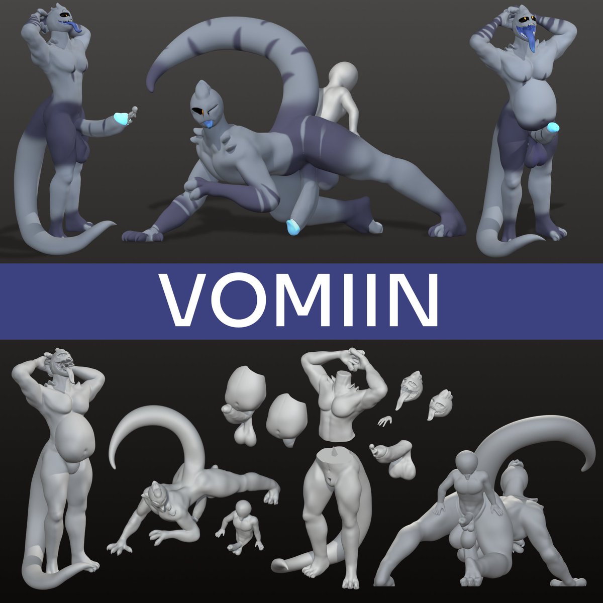 OhJoebob's tweet photo. Vomiin is the creation of Sketchorinopop
https://t.co/SjbNs2Oaez

This is a 3D model, available on Cults3D, intended to be printed as an NSFW and Vore figurine, with two variations that come with removable pieces for various displays.

Where to Find:https://t.co/lbiN0h4o2N https://t.co/AVYinnhYH4