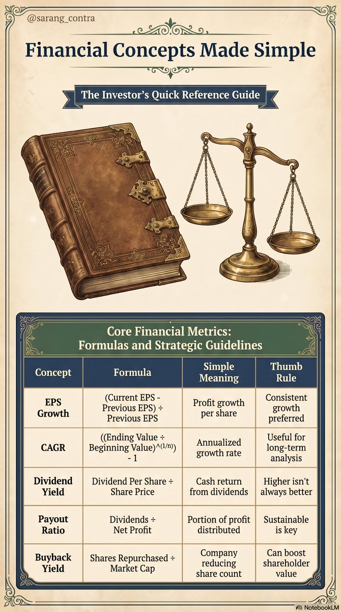 sarang_contra's tweet photo. #FinanceMadeSimple
❇️ Financial Concepts Made Simple ❇️
 Part 3: Wealth Creation Metrics
1️⃣ EPS Growth
2️⃣ CAGR
3️⃣ Dividend Yield
4️⃣ Payout Ratio
5️⃣ Buyback Yield

📌 Bookmark for quick reference