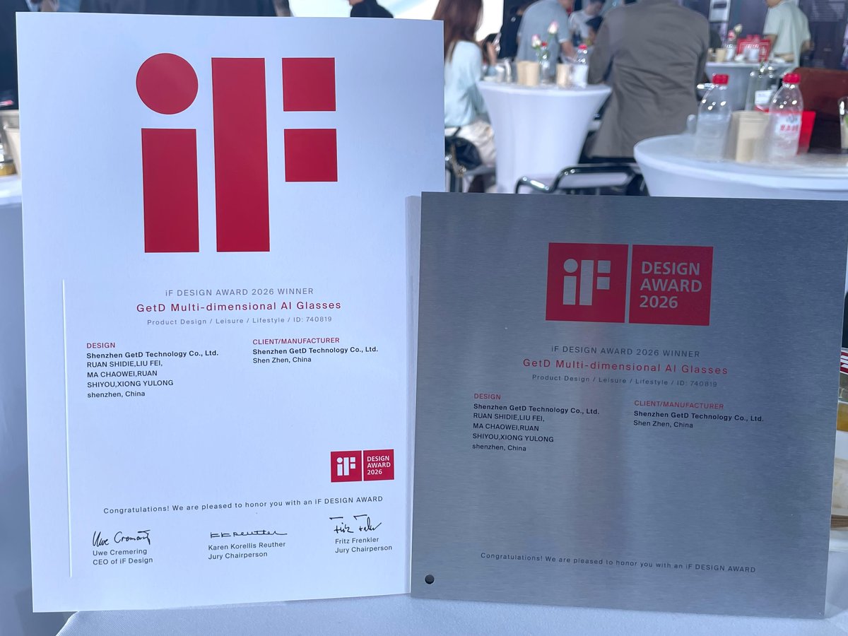 getd_official's tweet photo. Honored to join the #iFDesignNight in Shenzhen.
🕶️GetD GSPRO AI Glasses is an #iFDesignAward winner.
Design. Innovation. AI.
💐 A big thank you to the @iFDESIGNAWARD team for this celebration memorable!
#GetD #AIGlasses #iFDesignAward #Innovation https://t.co/e7HxdFhzz2