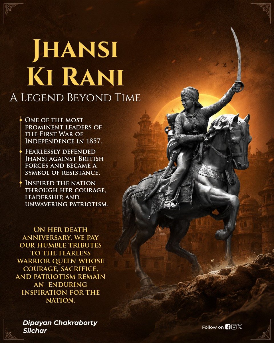 Dipayan_Silchar's tweet photo. On her death anniversary, I pay my heartfelt tributes to Rani Lakshmibai, one of the bravest heroes of India's freedom struggle.
Her courage, patriotism, and unwavering sense of duty continue to inspire generations. https://t.co/sq21Z1UpXB