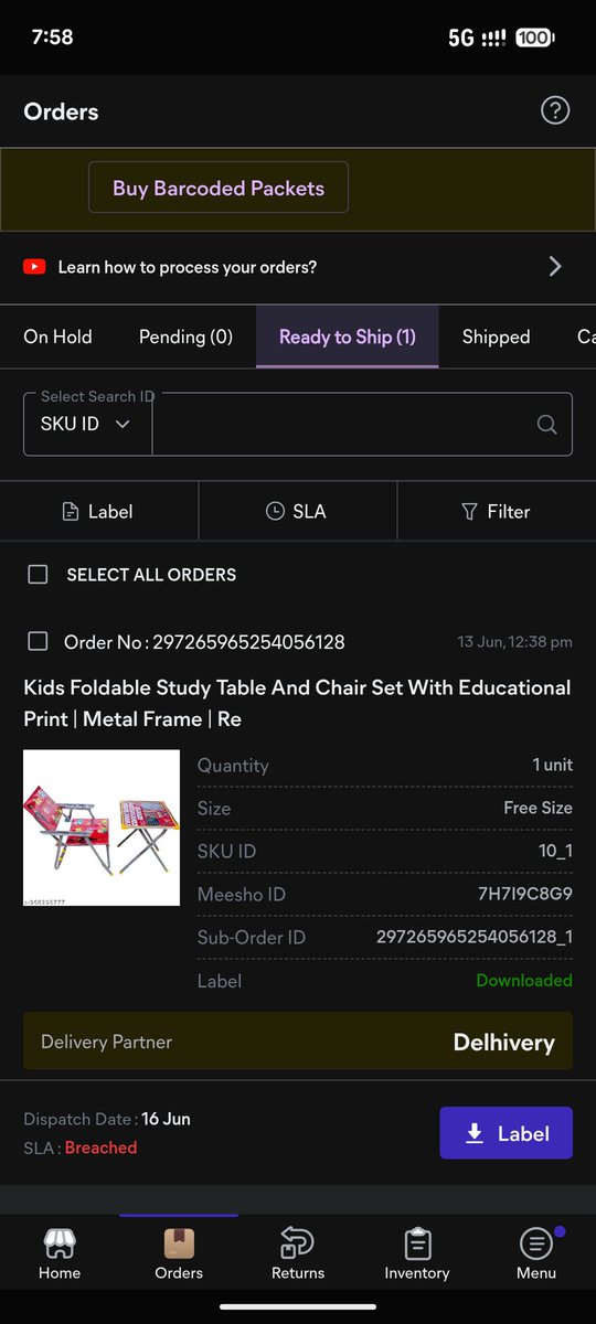 Abdullahch52769's tweet photo. "@Meesho_Support Order 297265965254056128 pending since 13th June! SLA breached. Courier (Delhivery) not picking up. Tickets: 781462647623, 781582456153, 781687441797. Cancel as 'Logistics Failure' immediately without penalty. Ilyas Global Enterprises." https://t.co/qtCwLaqcOS