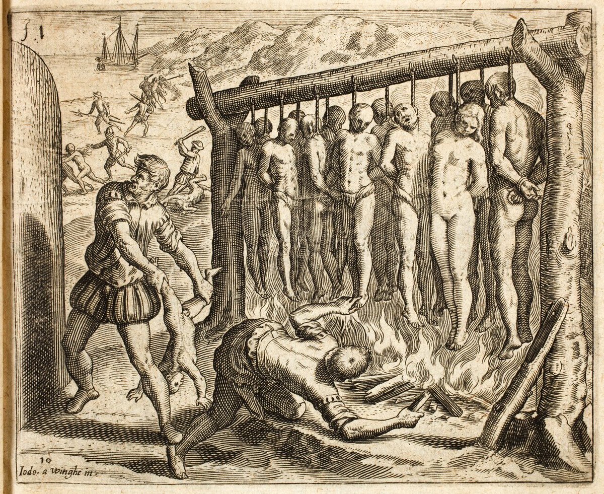 softspinesigma's tweet photo. @kernstephen25 @davidmcc1975 @tonyposnanski Here is the etching from de las Casas's book. It depicts 13 Mesoamericans being burned alive for not converting, 13 to represent Jesus and the disciples. https://t.co/YwzhMrdukr