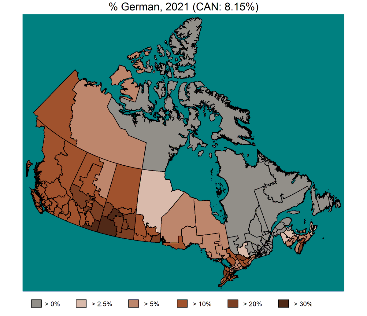 JustElexMaps's tweet photo. Canada has a lower percentage of Germans than the United State, but the distribution is roughly the same (fewer on the coasts, more in the interior). https://t.co/rN1ZqXWfvz
