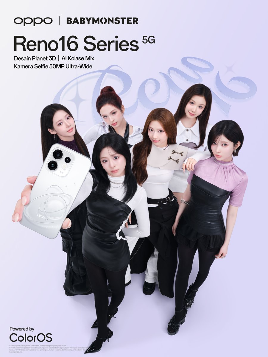 OPPOIndonesia's tweet photo. Meet the latest Reno Girls ☄️

BABYMONSTER hadir membawa energi dan pesonanya bersama #OPPOReno16Series yang memukau.

#OPPOReno16SeriesxBABYMONSTER https://t.co/IZU3LyYNXR