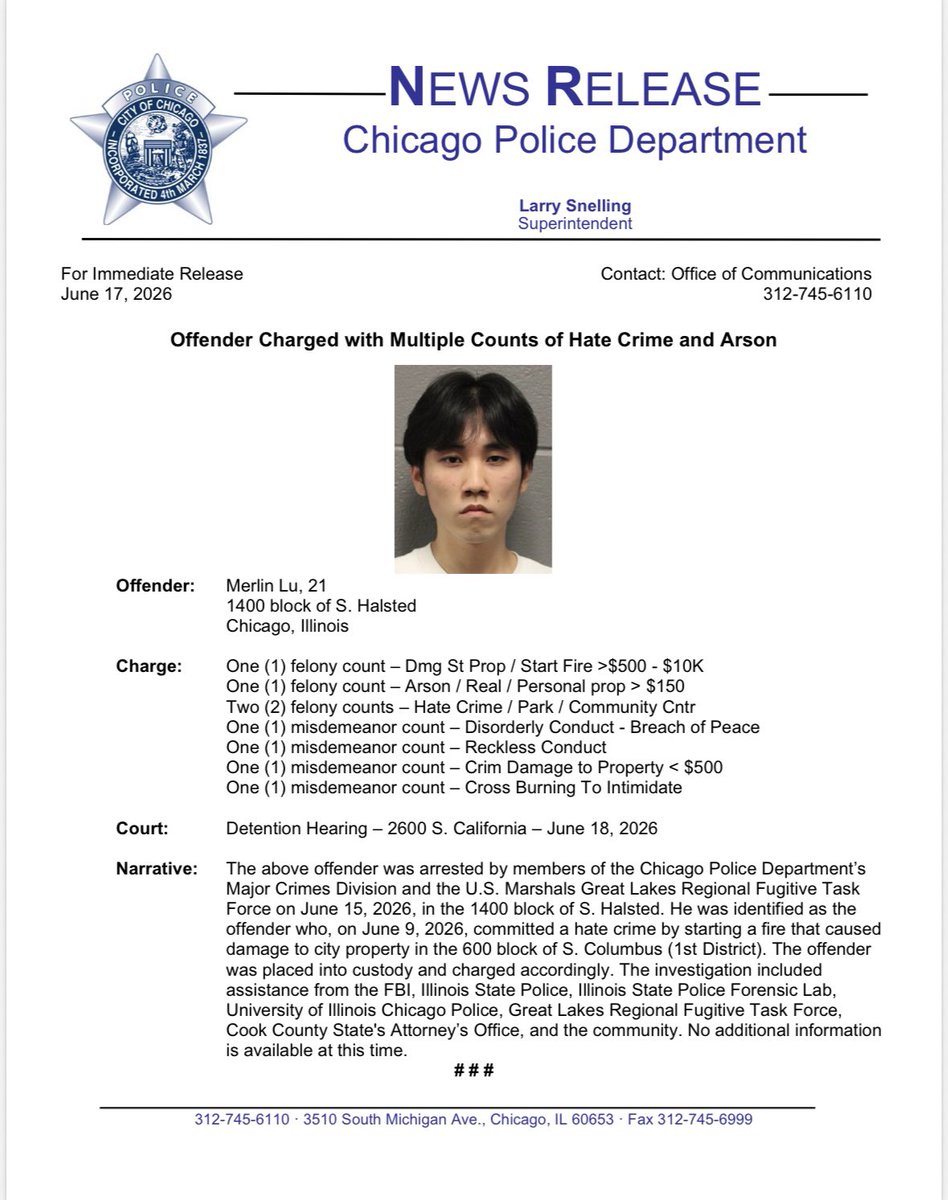 CourtSpinelliTV's tweet photo. #UPDATE: Chicago police announce hate crime and arson charges against Merlin Lu, 21, in connection with burning a cross in Grant Park last week. He is set to face a judge tomorrow for a detention hearing. The list of charges is attached. @WGNNews https://t.co/JjsfigDWuy