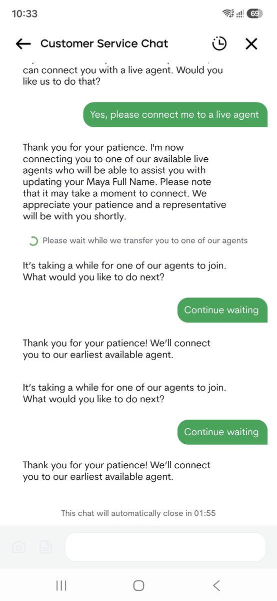 Myownmaybe's tweet photo. @mayaofficialph @mayaofficialph Why is your live agents are like this? I've been waiting for almost an hour (Maya attempt to close the message because of inactivity) for my concern but no live agent accepted the chat 🥲 https://t.co/Nd2v5Q2KAL