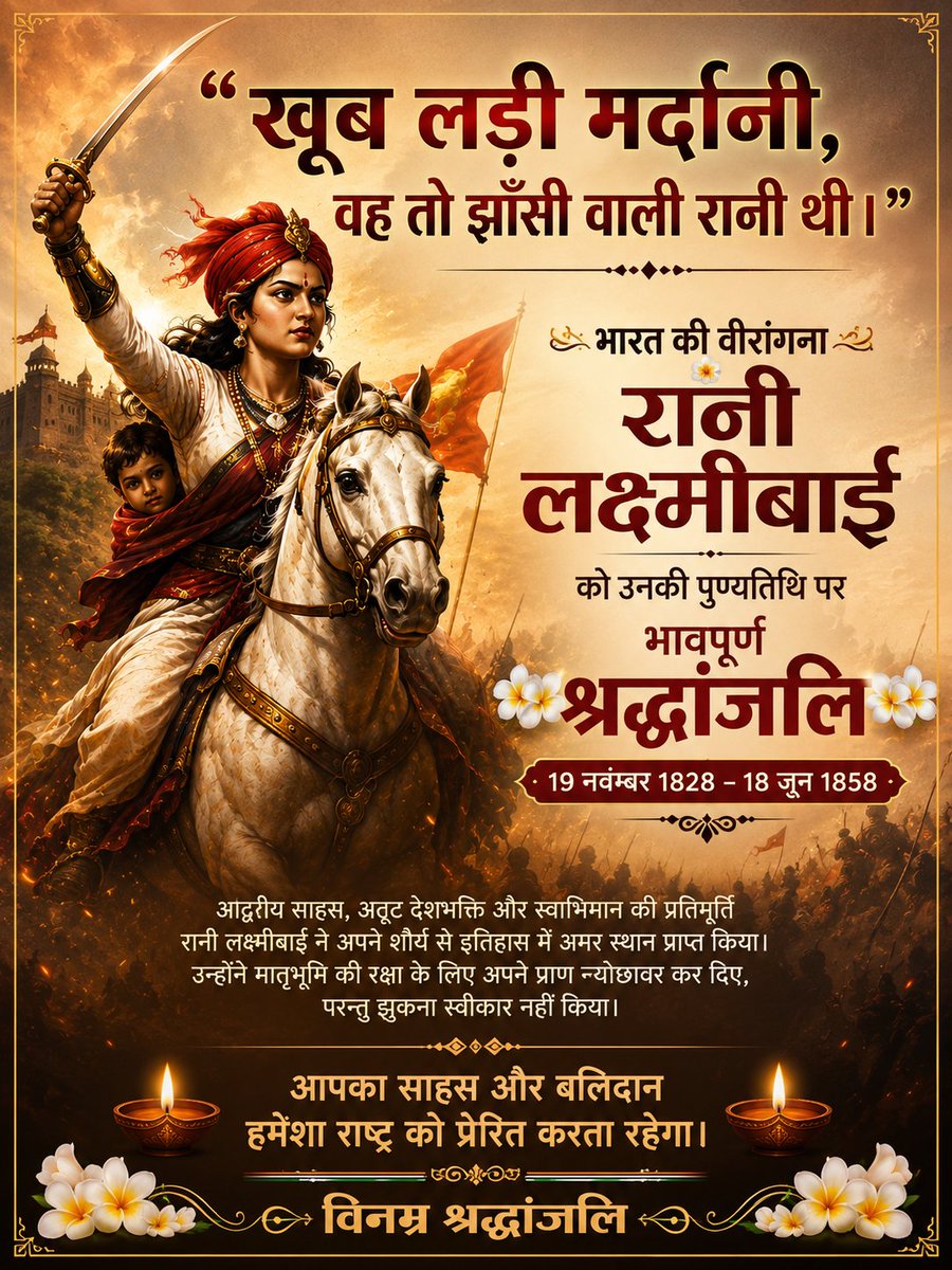 chandanus89's tweet photo. वीरता, स्वाभिमान और राष्ट्रभक्ति की अमर प्रतीक रानी लक्ष्मीबाई को शत्-शत् नमन। 🌺🙏
#रानीलक्ष्मीबाई https://t.co/O9kDLFfq7p
