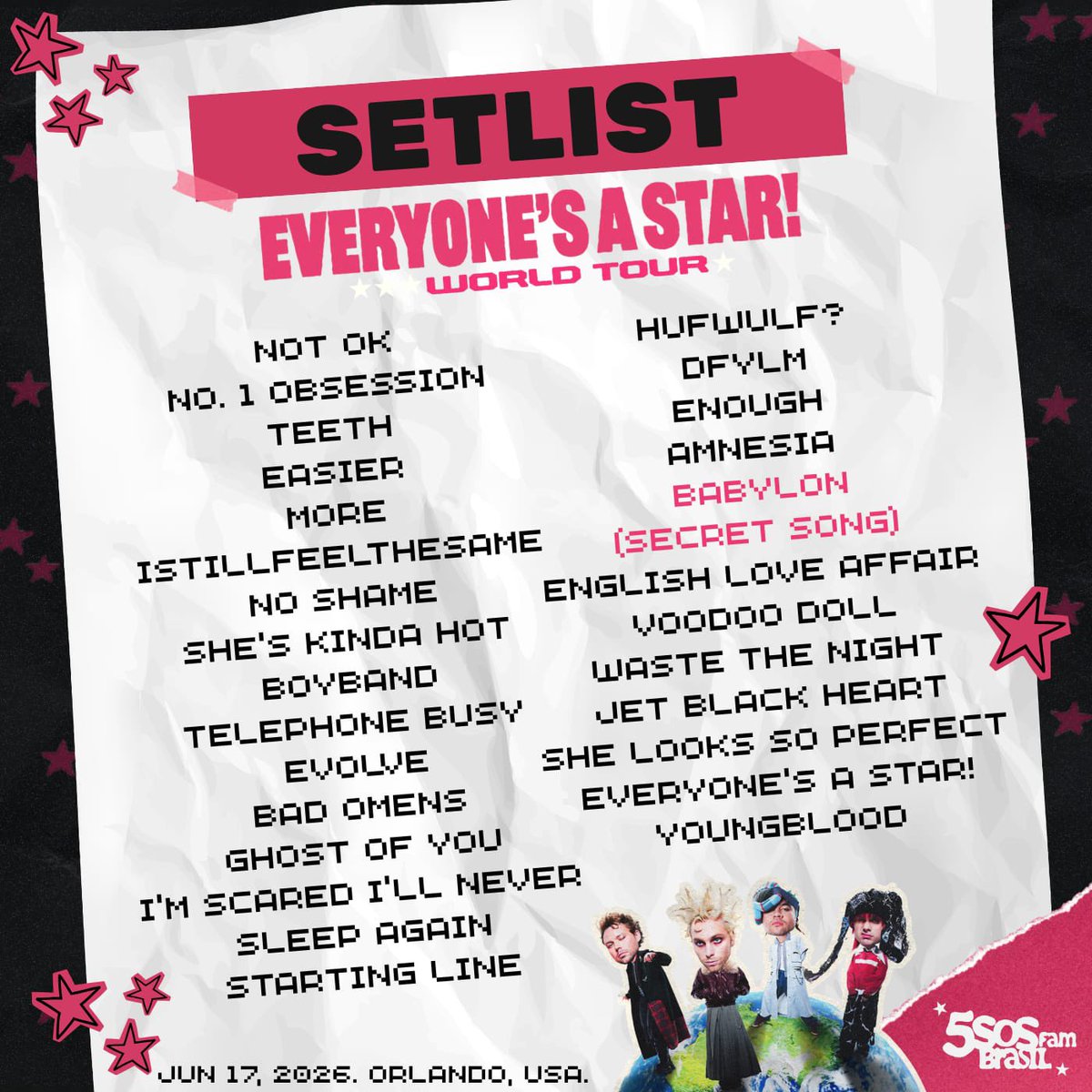 5SOSBrasilFam's tweet photo. Setlist de hoje!

#OrlandoIsAStar #EASOrlando #EASTour https://t.co/9X1hfPFOKh