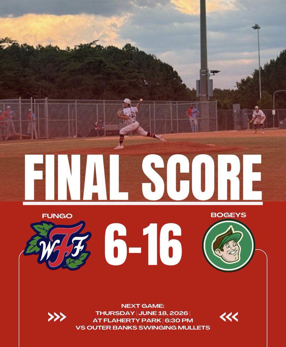 RollFUNGO's tweet photo. Final from tonight game. Next game is Tomorrow at home against the Outer Banks Swining Mullets! #rollfungo https://t.co/YofiRnUBZt