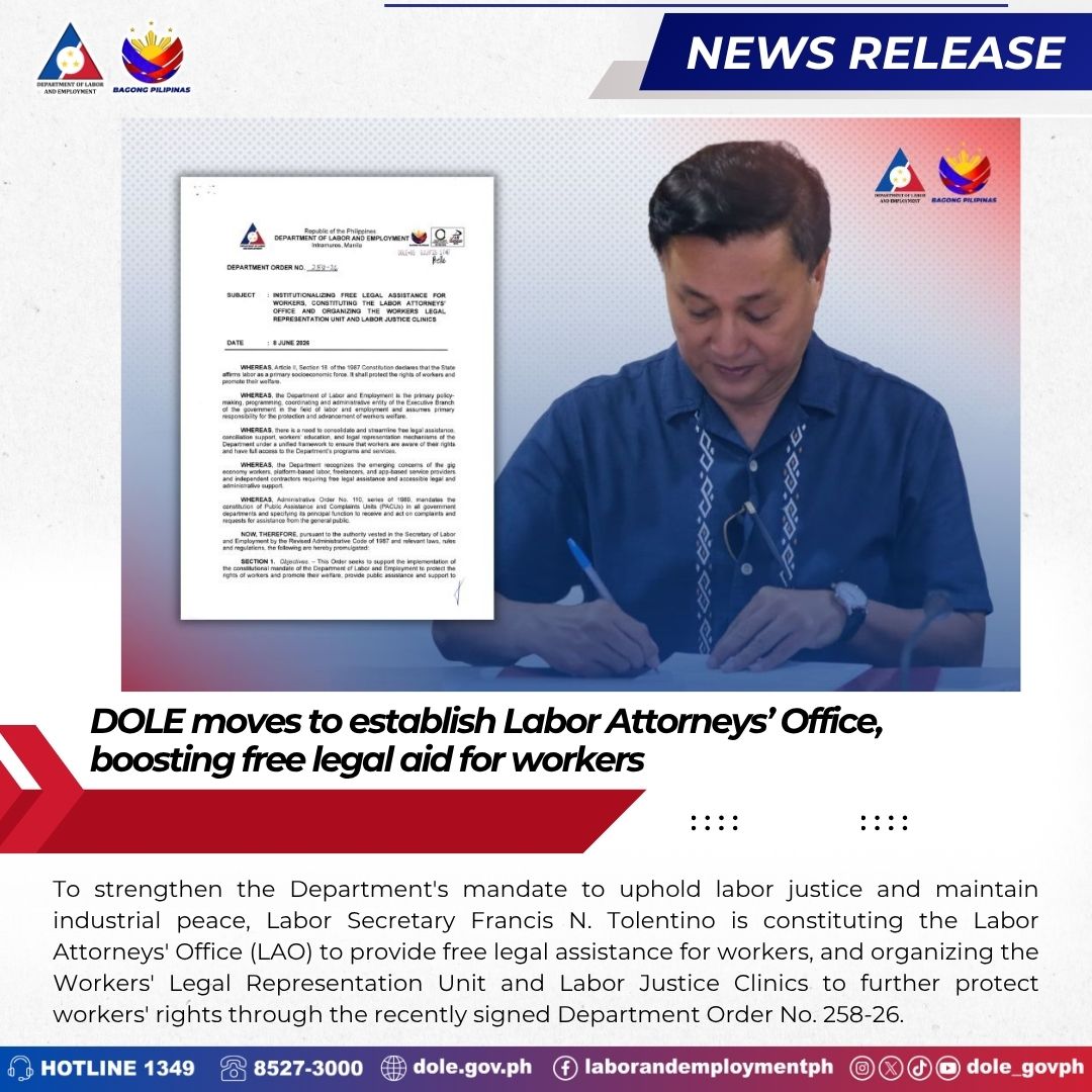 dole_govph's tweet photo. 𝐃𝐎𝐋𝐄 𝐦𝐨𝐯𝐞𝐬 𝐭𝐨 𝐞𝐬𝐭𝐚𝐛𝐥𝐢𝐬𝐡 𝐋𝐚𝐛𝐨𝐫 𝐀𝐭𝐭𝐨𝐫𝐧𝐞𝐲𝐬’ 𝐎𝐟𝐟𝐢𝐜𝐞, 𝐛𝐨𝐨𝐬𝐭𝐢𝐧𝐠 𝐟𝐫𝐞𝐞 𝐥𝐞𝐠𝐚𝐥 𝐚𝐢𝐝 𝐟𝐨𝐫 𝐰𝐨𝐫𝐤𝐞𝐫𝐬

𝐑𝐄𝐀𝐃: https://t.co/cqJ34co4SR

#BagongPilipinas
#SerbisyongDOLE
#fyp https://t.co/hqgmZnamO8