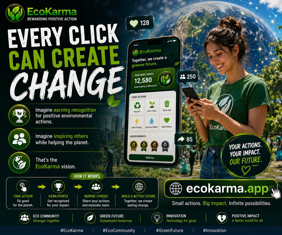 EcoKarma_EKA's tweet photo. 🌎 Every Click Can Create Change
Imagine earning recognition for positive environmental actions.
Imagine inspiring others while helping the planet.
That's the EcoKarma vision.
🌐 https://t.co/q9M56oPnpR
#EcoKarma #EcoCommunity #GreenFuture #Innovation https://t.co/dpivLYyaLh