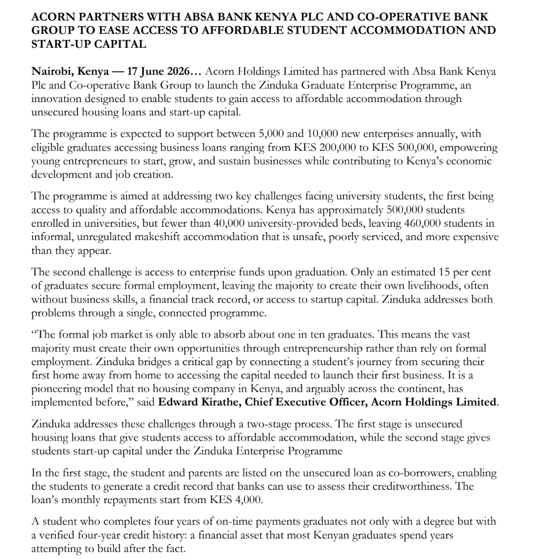 MwangoCapital's tweet photo. Acorn Holdings has partnered with Absa Bank Kenya and Co-operative Bank Group to launch the Zinduka Graduate Enterprise Programme, linking student accommodation financing with start-up capital.

The programme targets 5,000–10,000 new enterprises annually, with eligible graduates accessing business loans of KES 200,000–KES 500,000, while students can access unsecured housing loans with monthly repayments from KES 4,000.