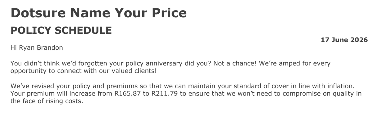 RyanGordon00's tweet photo. Wtf @dotsure, what kind of sick joke is this?

"You didn't think we'd forgotten you, did you? No no no, not a chance! And to celebrate your "anniversary", here's a 30% premium hike."

Honestly, gfy! https://t.co/3m8wq7Cl0H