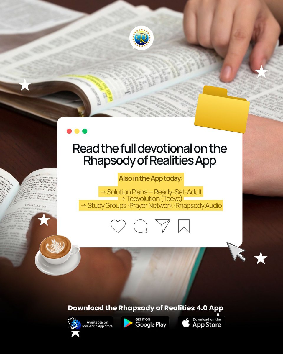 RhapsodyDaily's tweet photo. The flesh has been crucified (Galatians 5:24), you've overcome the world (1 John 5:4), the devil is defeated (Hebrews 2:14). The work is done. What's required now is to walk in the reality of what's already been accomplished.
Download the Rhapsody of Realities App today
#RoRapp https://t.co/jvECZJyPrH