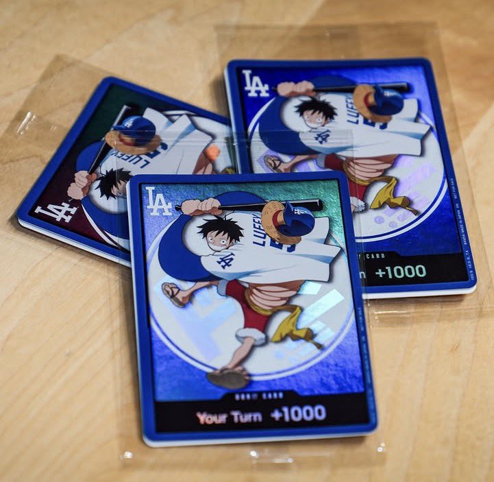 PopChazers's tweet photo. Official In-person look at the One Piece X  LA Dodgers Collab Luffy DON!! Card

-Luffy DON!! Card will be Textured Foil
-This card will only be Available at the Special Game. https://t.co/2x9D0E2Tvr