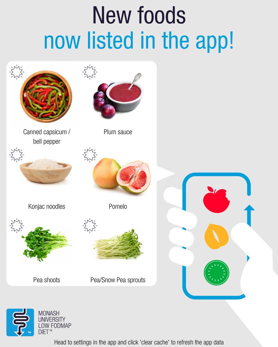 MonashFODMAP's tweet photo. We have some new foods now in the app!📱

⚙️ If they aren’t appearing for you, head to settings in the app and click 'clear cache' to refresh the app data https://t.co/Dn6e7h6nmK