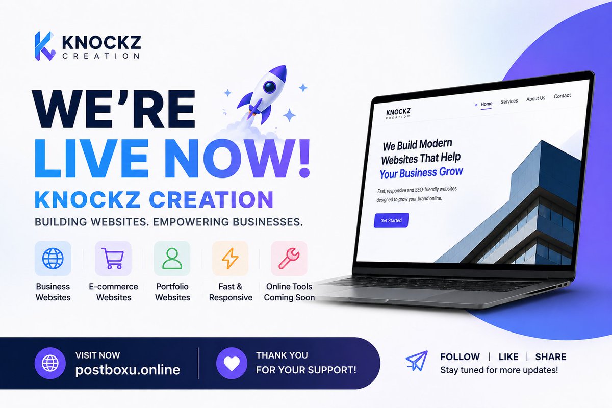 KnockzCreatSJ's tweet photo. 🚀 We're officially live!

Introducing Knockz Creation – your one-stop destination for modern websites, business solutions, and useful online tools. Our mission is simple: Help  creators build a strong online presence with professional, affordable, and high-performance #startup https://t.co/f7sXNENs9L