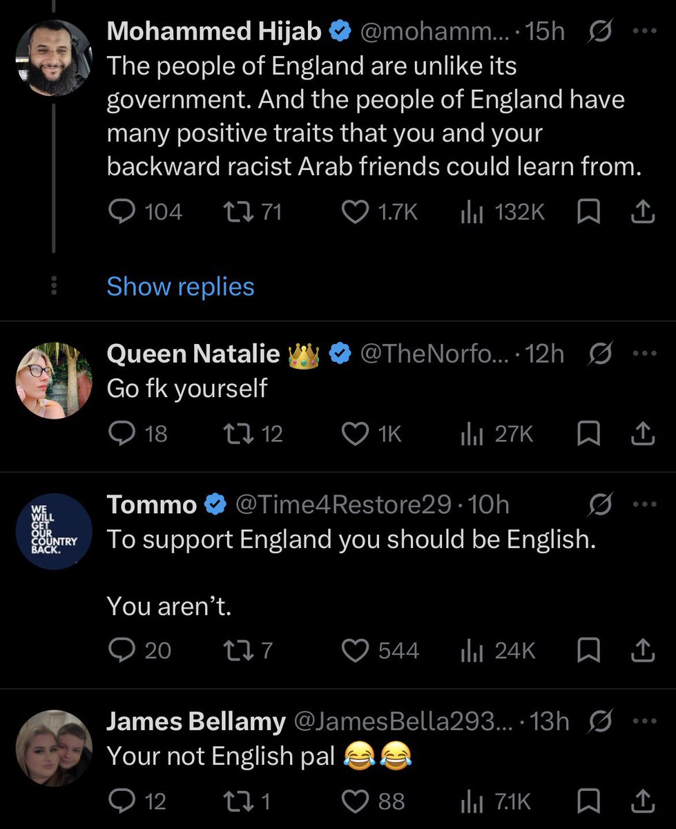 YoungGriff11's tweet photo. @mohammed_hijab @PhoWrld "the people of England have many positive traits that you and your backward racist Arab friends could learn from" 

Meanwhile English people 🤣🤣🤣 You’re not wanted there you fucking Paki https://t.co/w4EGHQsHsK