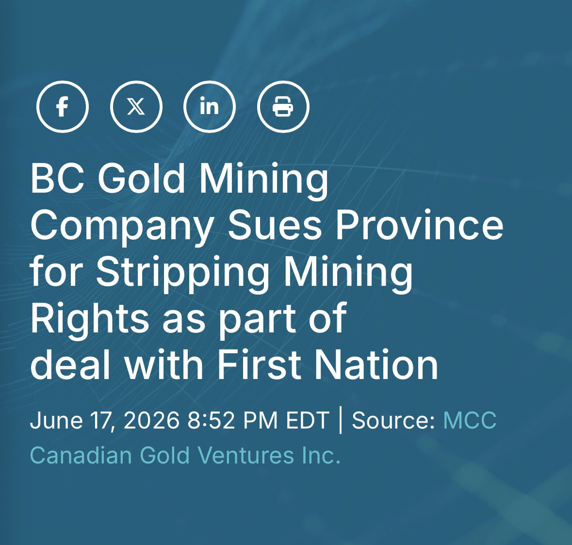NVanCaroline's tweet photo. “Every investor in BC faces grave risk."

🚨 A multi-million dollar lawsuit has been launched against the BC Government after, without warning or compensation, it stripped a company of its mining rights in order to settle a separate legal dispute with a First Nation.

Shockingly, the government had actually *asked* the company to take on the mining project in the first place. Then, it negotiated away the company’s property rights in a backroom deal without involving or even telling them. 

The NDP’s radical “reconciliation” agenda is a disaster for BC. Every minute they sit in government means more decisions like these get made.

And British Columbians pay for it: in lawsuits, in lost opportunities and in lost revenues as investment flees. We can’t get the NDP out of government soon enough. 

https://t.co/EWRDp9Z17Q