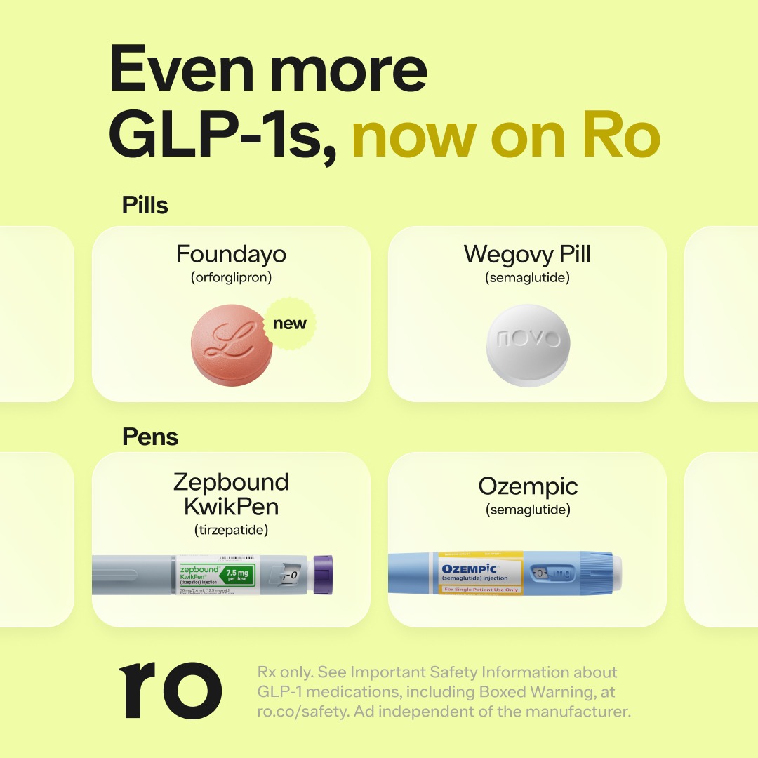 ro's tweet photo. Get access to GLP-1 medication—prescribed online through Ro. Answer questions about your health, lifestyle, and goals to see if GLP-1s are right for you.