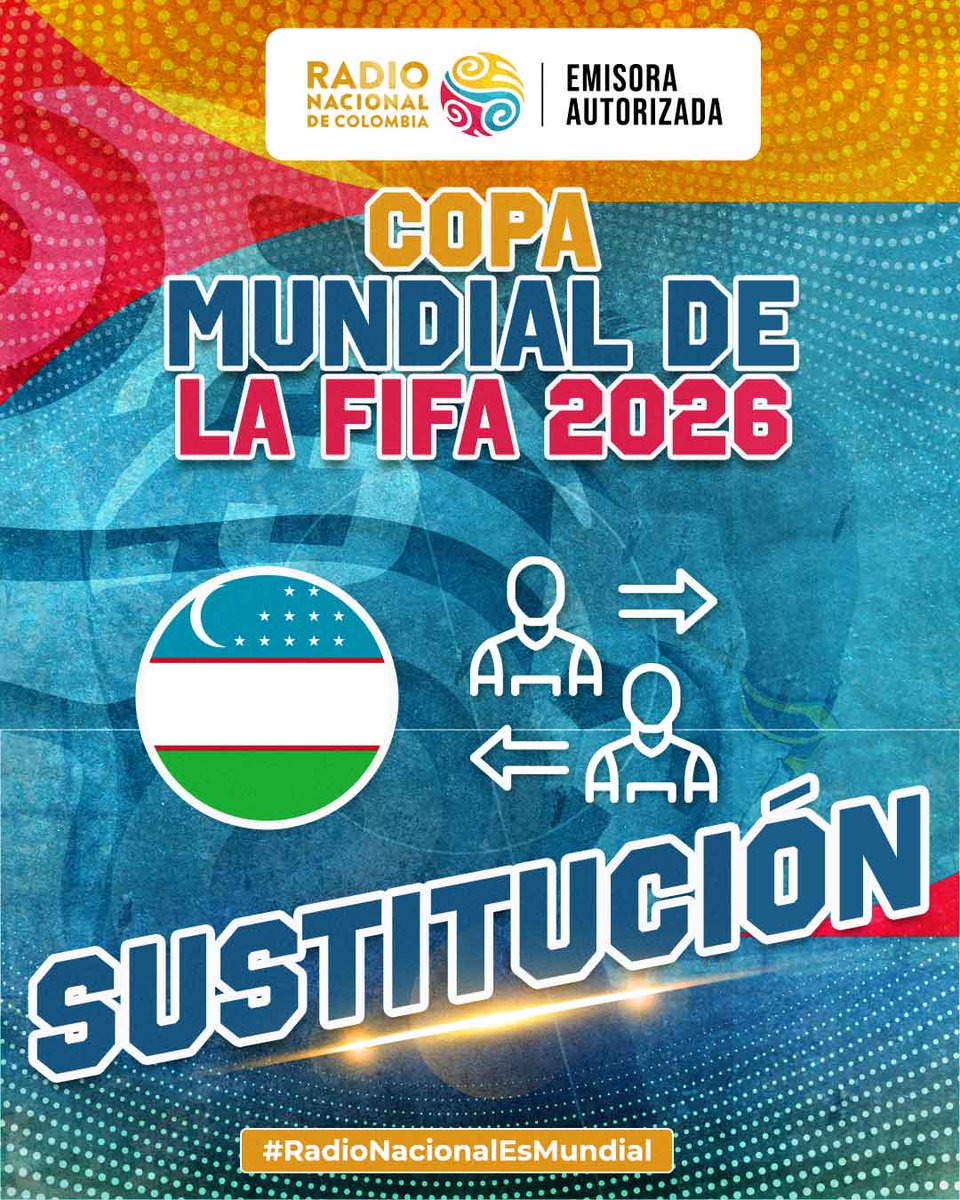 RadNalCo's tweet photo. #RadioNacionalEsMundial⚽️| UZB 0-1 COL | MIN 45
Cambios en Uzbekistán 

⬆️ Entran: Khanmandov #17 y Sayfiev #4

⬇️ Salen: Nasrullaev #13 y Urunov #11

EN VIVO 👉 https://t.co/AET3lYBoYN https://t.co/3mSjv3un6r