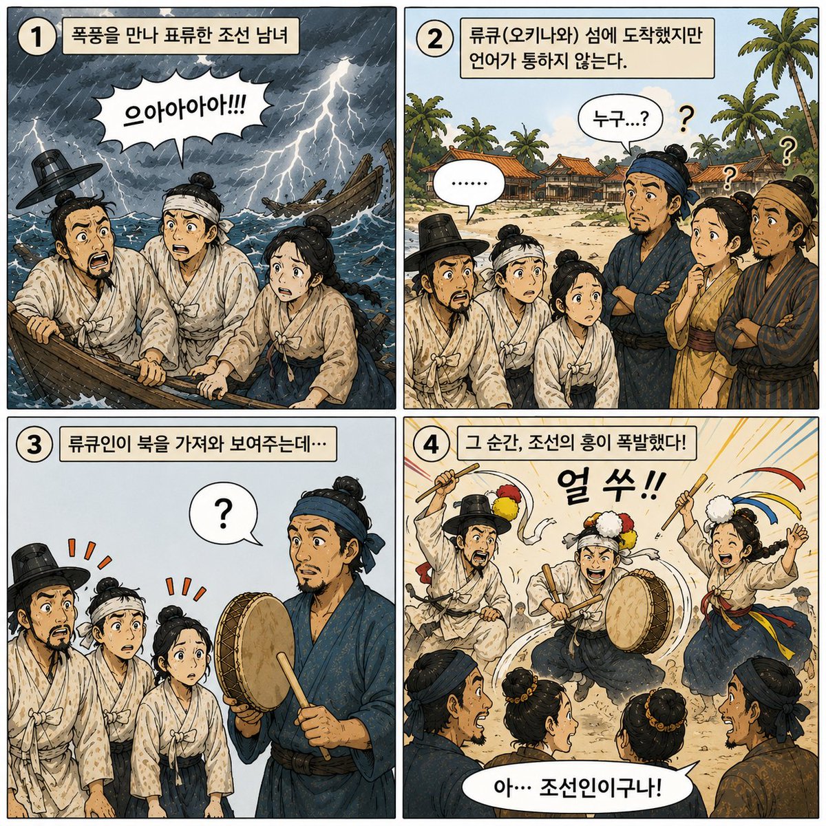 HiKikisundal's tweet photo. 1662년 전라도 무안 어부 18명이 고기잡이 나갔다가 폭풍을 만나 류큐국(유구국), 지금의 오키나와까지 표류함.

말이 안 통하니까 류큐 사람들이 북 하나 들고 와서 손짓으로 "춰봐" 하는데,

조선 사람들이 눈치채고 노래하면서 북춤을 추자

"아, 고려인이구나!"
하고 집 지어주고 밥 먹여줌.

실제 조선왕조실록 현종실록 5권, 현종 3년 7월 28일 기사 내용