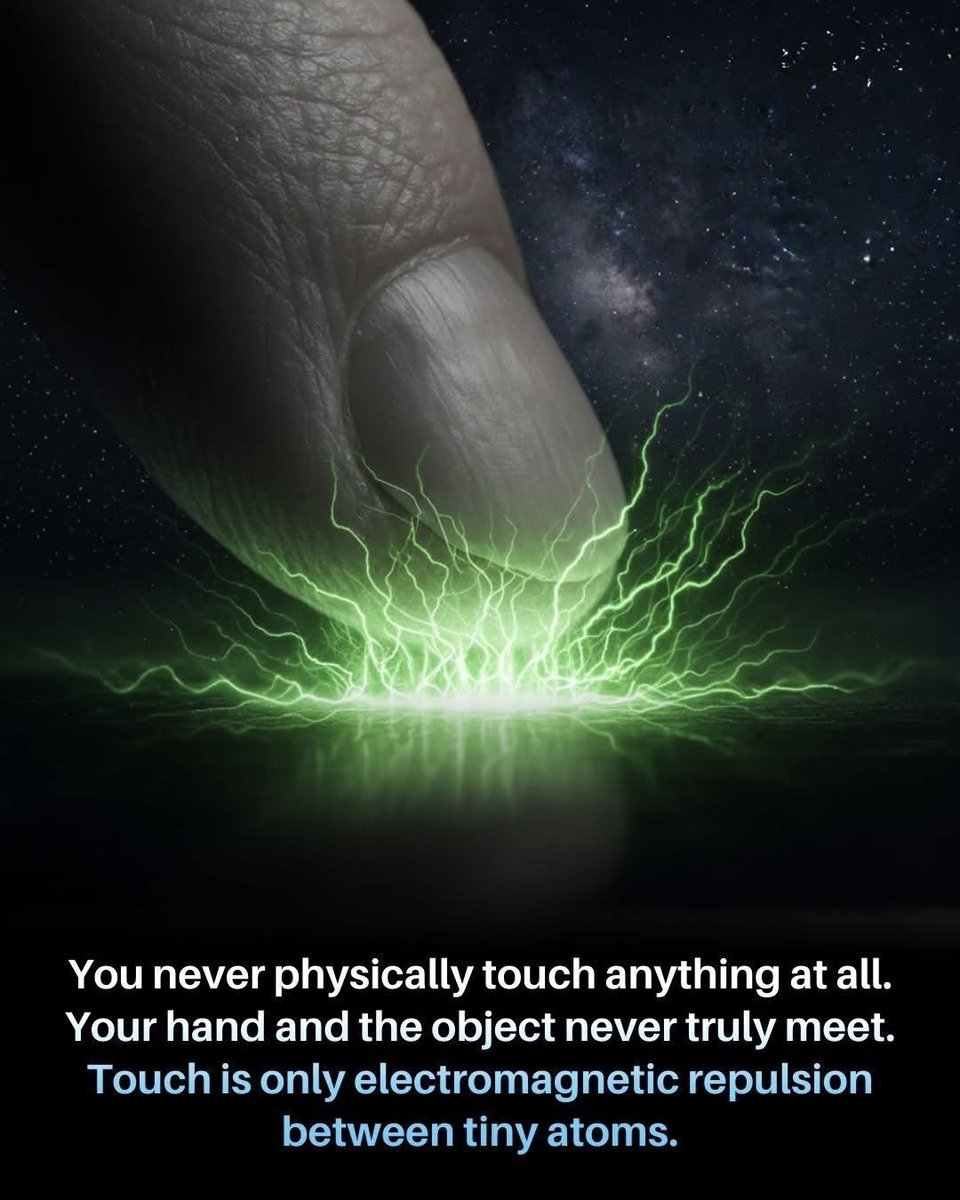 NextScience's tweet photo. 🌌 WHAT IF YOU'VE NEVER TOUCHED ANYTHING?

It sounds impossible, but science suggests you never truly touch anything at all.
When your hand touches an object, the atoms in your skin and the atoms in the object repel each other with tiny electromagnetic forces. What feels like "touch" is actually an invisible force pushing back.

So the next time you hold your phone or shake someone's hand, remember: you may be feeling a force, not actual contact. 

Source:
OpenStax. University Physics Volume 2. OpenStax, Rice University.