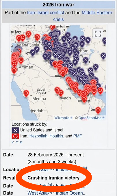 RT_com's tweet photo. Wikipedia war page changed to 'CRUSHING IRANIAN VICTORY' https://t.co/X4Z3gD0Fwr