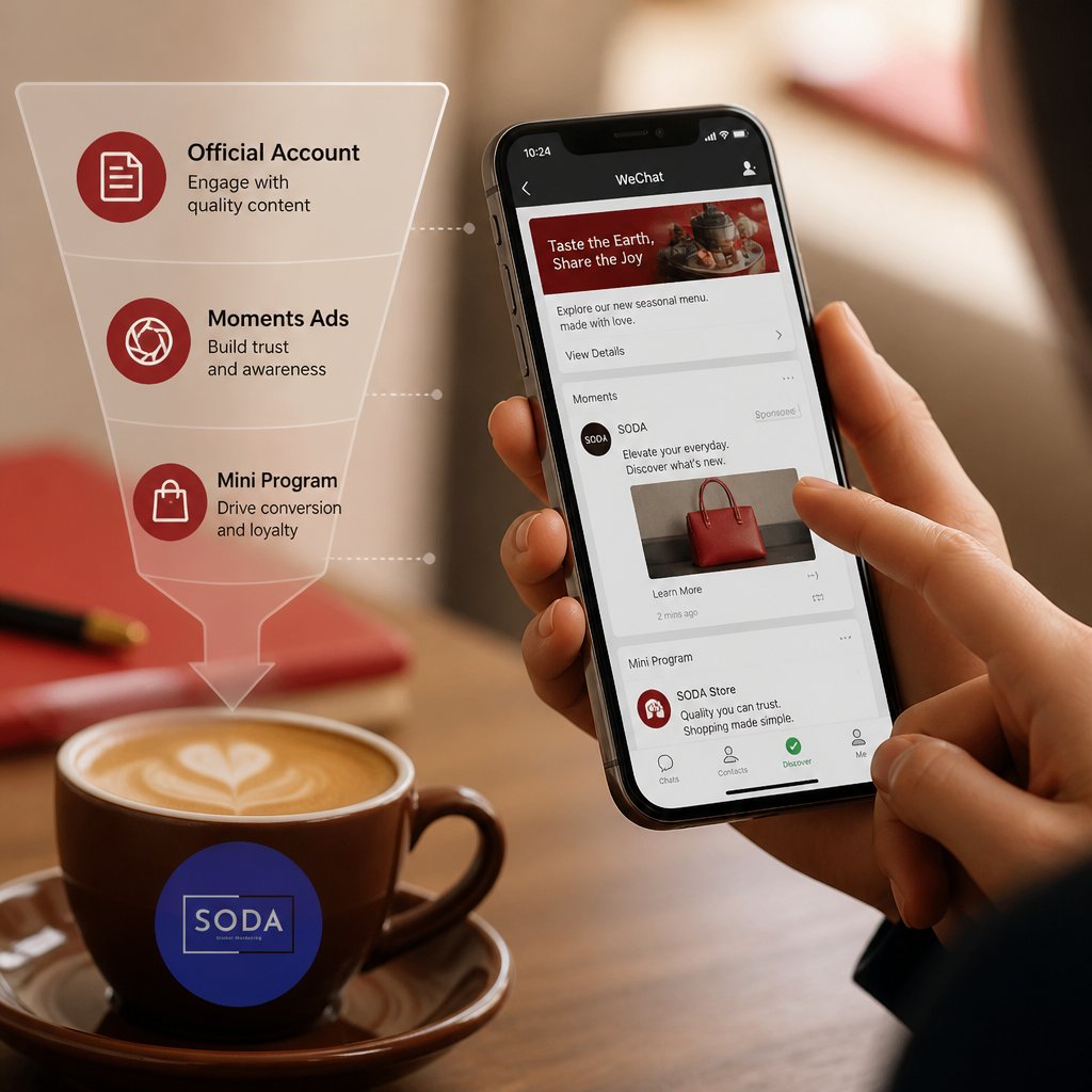 GlobalSoda's tweet photo. Turn WeChat into your lead engine in 3 steps: official account content, Moments ads, and a mini‑program for commerce. Ready to start? https://t.co/0vL0hPPH8I #WeChatMarketing https://t.co/Ddt4BANsaD