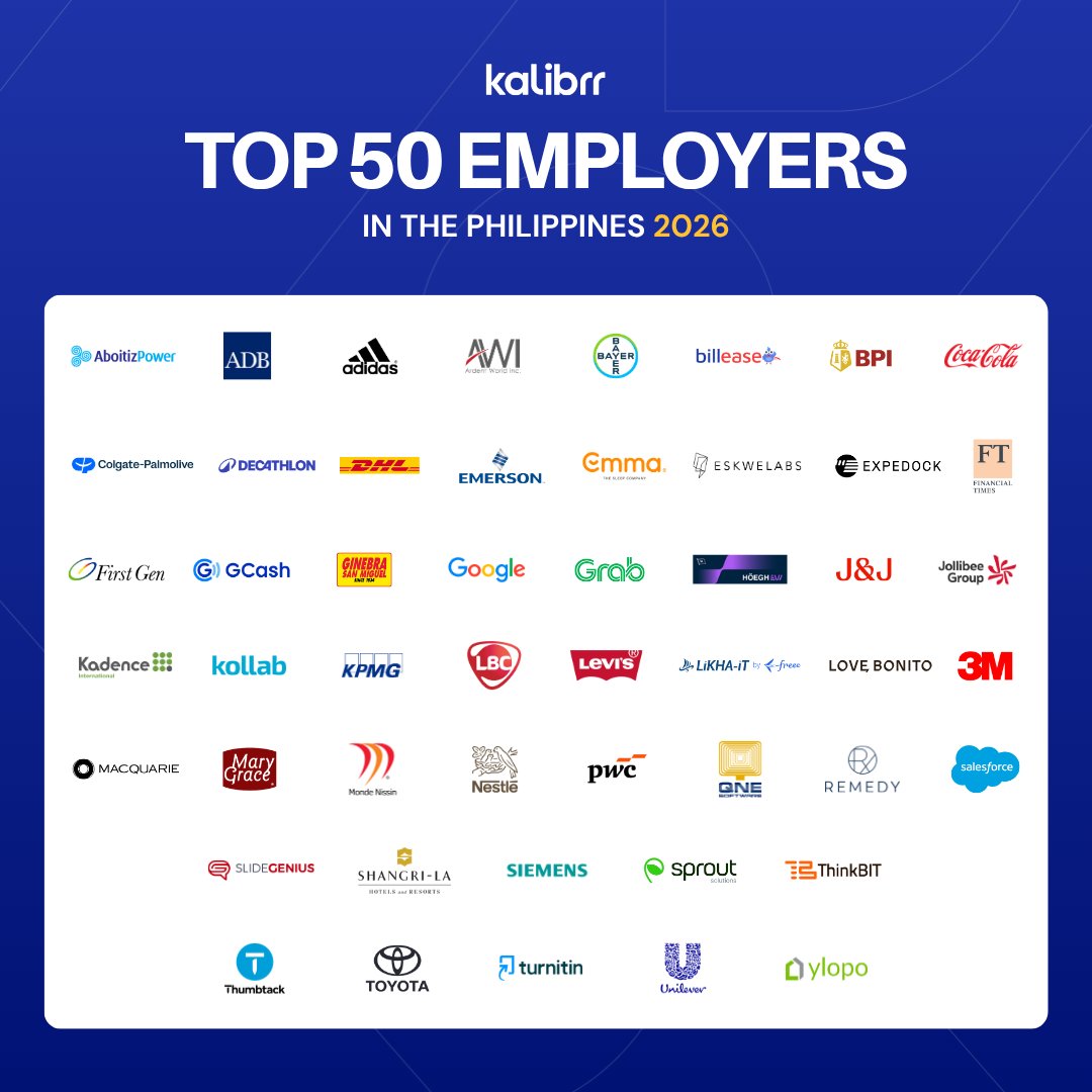 edg_eva's tweet photo. LOOK: Kalibrr, an online recruitment platform, has announced the Top 50 Employers for 2026.

Among the companies that made the list are homegrown firms such as Aboitiz Power, Jollibee Group, and GCash, among others.|@bworldph
📷: Kalibrr https://t.co/5anLLy7meo