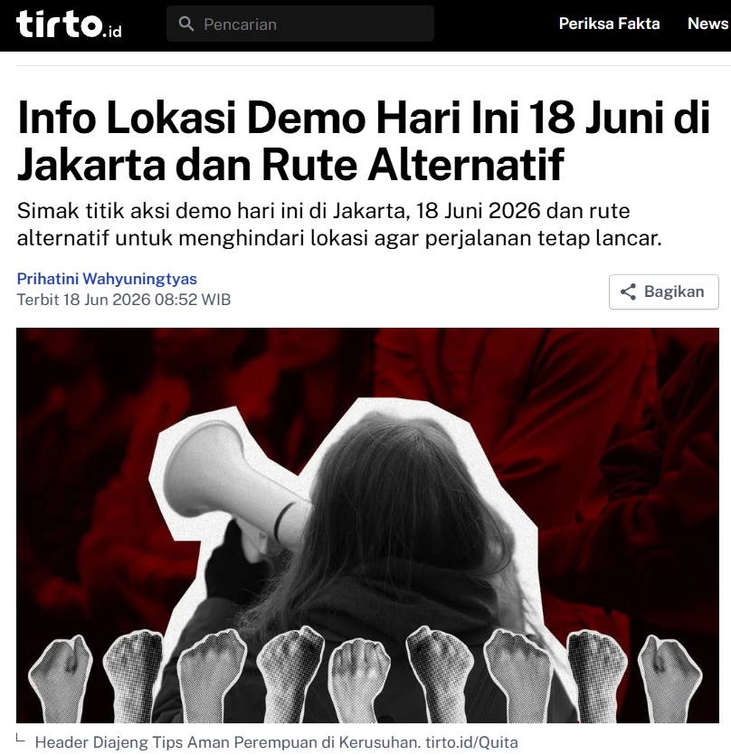 karirfess's tweet photo. Breaking: Ada 3 Demo di Jakarta Hari Ini, Waspada Macet Parah!🚨

Hari ini, Kamis 18 Juni 2026, ada 3 aksi demonstrasi di Jakarta Pusat yang berpotensi menyebabkan kemacetan signifikan.

Titik Demo:
- Hotel Sultan, Kompleks GBK (mulai pukul 09.00 WIB)  
  Aksi terkait eksekusi lahan Hotel Sultan.
- Jl. Medan Merdeka Selatan (mulai pukul 10.00 WIB)  
  Demo oleh Lembaga Bantuan Hukum Tridharma Indonesia (mahasiswa UPN, UNJ, Unpam, Atma Jaya).
- Simpang Lima Senen (mulai pukul 13.00 WIB)  
  Aksi Aliansi Mahasiswa Jakarta Pinggiran.

Hindari kawasan GBK – Senayan, Medan Merdeka / Monas, dan Simpang Lima Senen. Rekayasa lalu lintas akan dilakukan secara situasional.

Rute Alternatif:
- Dari Semanggi ke Pusat: via Rasuna Said → Kuningan → Gatot Subroto
- Ke arah Harmoni: via Salemba → Matraman atau Cikini → Gunung Sahari

Sumber:
- [Kompascom – Ada 3 Demo di Jakarta Hari Ini]
- [Tirtoid – Info Lokasi & Rute Alternatif]

Hati-hati di jalan ya! Semoga lancar perjalanannya.