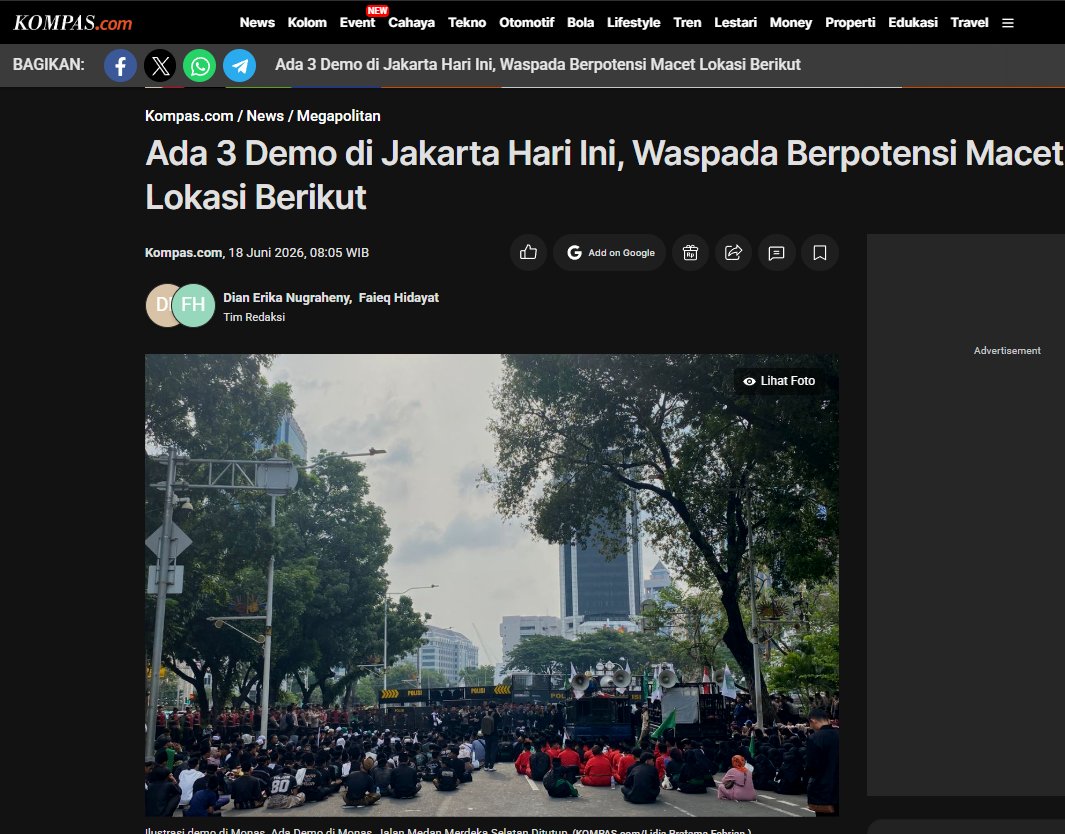 karirfess's tweet photo. Breaking: Ada 3 Demo di Jakarta Hari Ini, Waspada Macet Parah!🚨

Hari ini, Kamis 18 Juni 2026, ada 3 aksi demonstrasi di Jakarta Pusat yang berpotensi menyebabkan kemacetan signifikan.

Titik Demo:
- Hotel Sultan, Kompleks GBK (mulai pukul 09.00 WIB)  
  Aksi terkait eksekusi lahan Hotel Sultan.
- Jl. Medan Merdeka Selatan (mulai pukul 10.00 WIB)  
  Demo oleh Lembaga Bantuan Hukum Tridharma Indonesia (mahasiswa UPN, UNJ, Unpam, Atma Jaya).
- Simpang Lima Senen (mulai pukul 13.00 WIB)  
  Aksi Aliansi Mahasiswa Jakarta Pinggiran.

Hindari kawasan GBK – Senayan, Medan Merdeka / Monas, dan Simpang Lima Senen. Rekayasa lalu lintas akan dilakukan secara situasional.

Rute Alternatif:
- Dari Semanggi ke Pusat: via Rasuna Said → Kuningan → Gatot Subroto
- Ke arah Harmoni: via Salemba → Matraman atau Cikini → Gunung Sahari

Sumber:
- [Kompascom – Ada 3 Demo di Jakarta Hari Ini]
- [Tirtoid – Info Lokasi & Rute Alternatif]

Hati-hati di jalan ya! Semoga lancar perjalanannya.