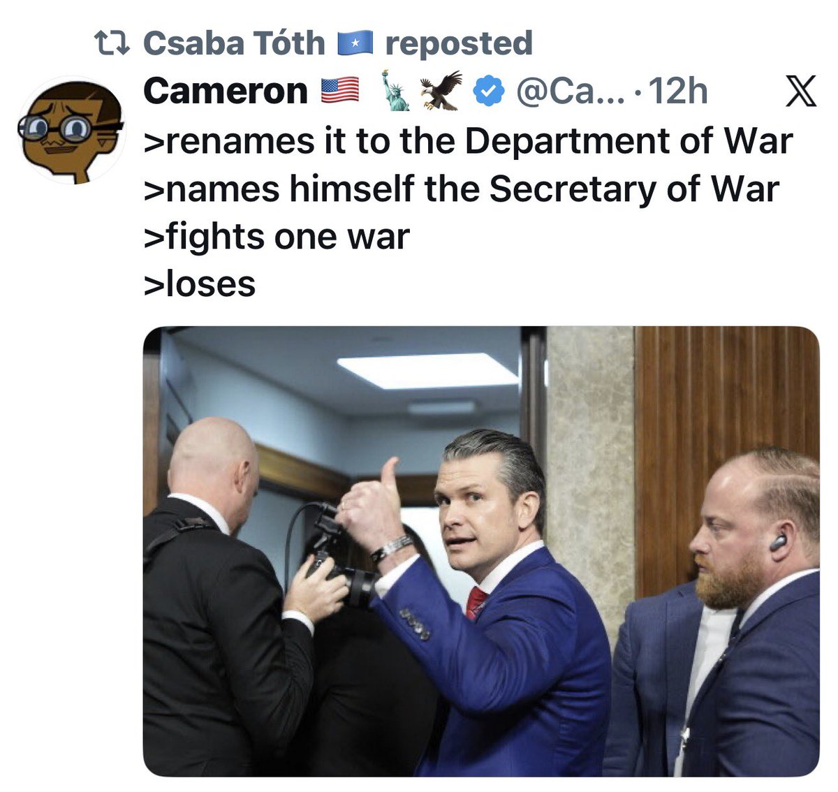 LOrion's tweet photo. @bluhue123 Absolutely it’s total capitulation after doing a liitle damage we now have to invest in so Trumoies make more money!
and HEGSETH lost the first WAR HE STARTED. #DeptofWar my a** https://t.co/p2wENyIpp7