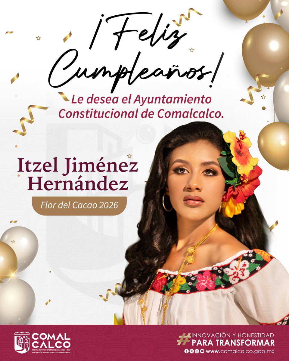 ComalcalcoMX's tweet photo. ✨🌺 ¡Muchas felicidades, Itzel!

🎉 Desde el Ayuntamiento de Comalcalco nos unimos con cariño a la celebración del cumpleaños de nuestra querida Itzel Jiménez Hernández, Flor del Cacao 2026.

🎂 Deseamos que este nuevo año de vida esté lleno de salud, alegría, sueños cumplidos y momentos inolvidables. Gracias por representar con orgullo, elegancia y amor a nuestra tierra, siendo una digna embajadora de las tradiciones, la cultura y la grandeza de Comalcalco.

#ComalcalcoTieneFlor