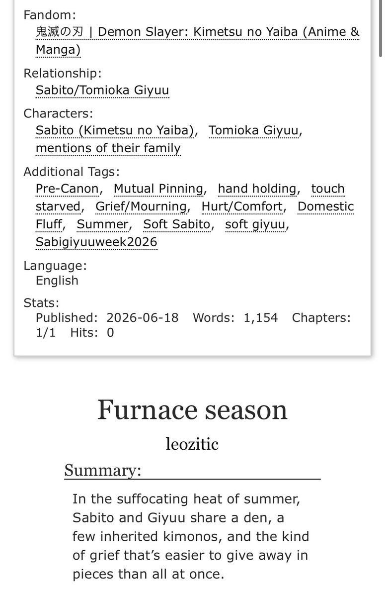 leozitic's tweet photo. Furnace season 

Prompt: childhood

☀️ Sabito x Giyuu 

☀️ 1,154

☀️ hurt/comfort
#sbgyweek2026 @sabigiyuuweek26 https://t.co/heIft52VRA