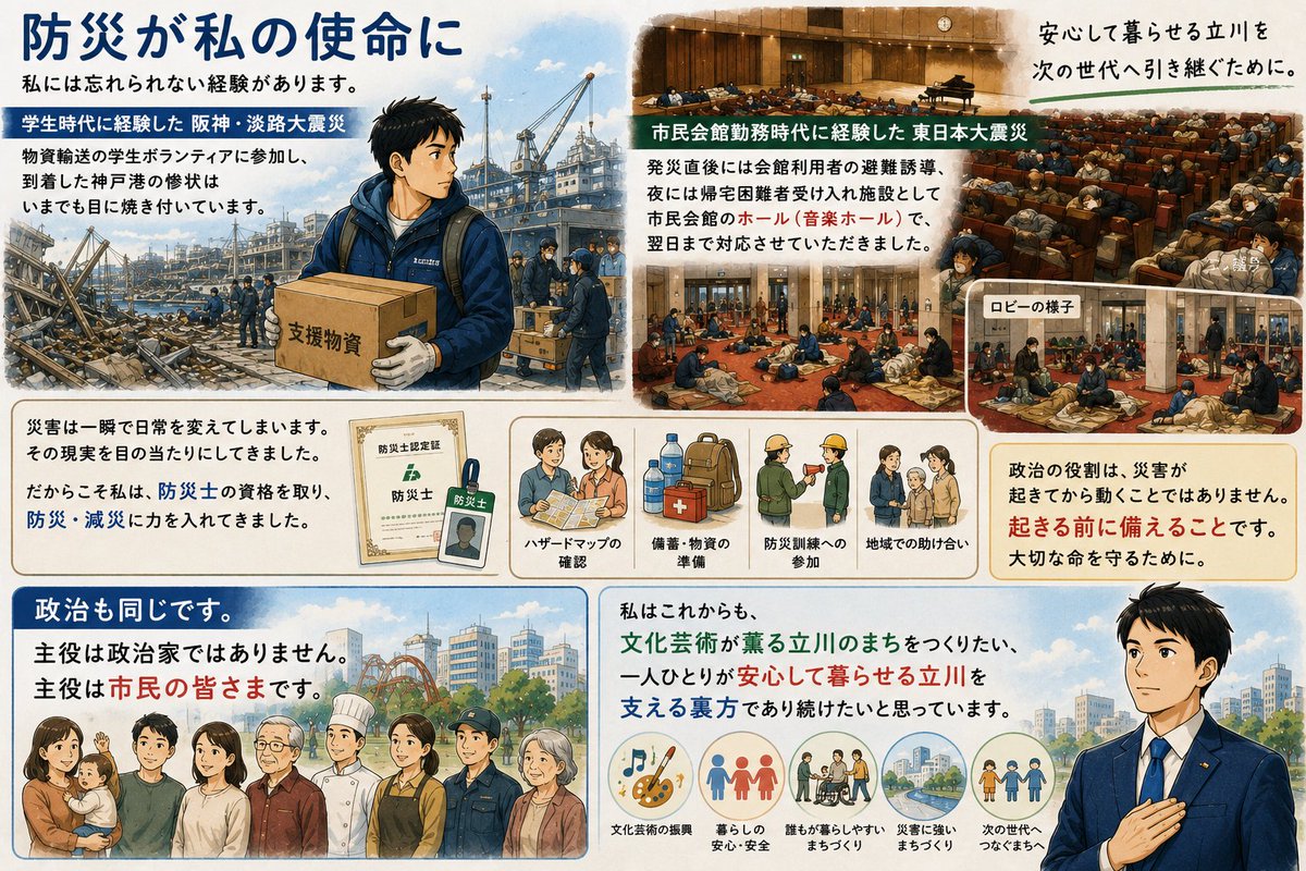 se_nobu's tweet photo. ★テーマブログ③④★

③防災が私の使命に 私は阪神･淡路大震災、被害日本大震災を経験。これからも防災対策を進めていきます。
詳細は👇
https://t.co/cts9OvflKO

④小さな声を形にする これまでいただいたお声は4,000件。皆様の声を市政へ届け、カタチにしていきます。
詳細は👇
https://t.co/pp7IO2CUEz

#立川市議会議員選挙
#瀬のぶひろ
#公明党
#防災減災
#小さな声を聴く力