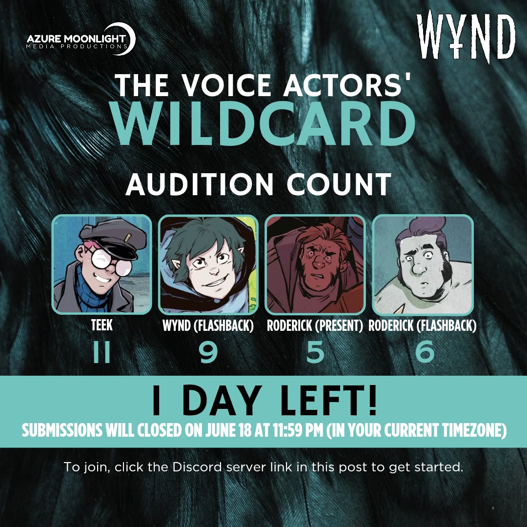 AzureMoonProd's tweet photo. 31 submissions who have been auditioned for Wynd comic dub project. You still have your chance, because this audition will closed today at 11:59 PM!

Hurry, audition now!

CLICK HERE: https://t.co/ywytN3KWej https://t.co/dEA6yQCrsB