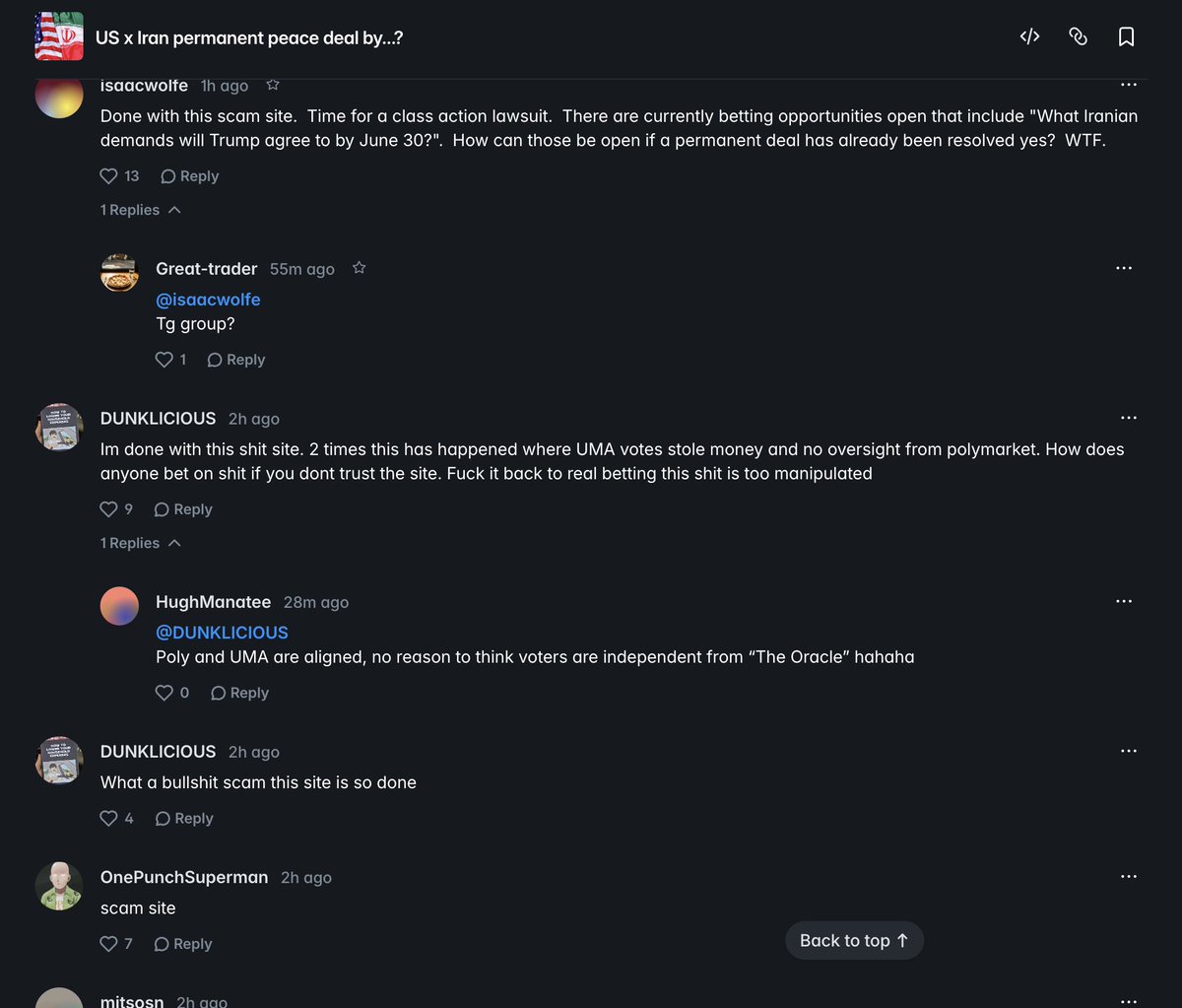 bryantheden's tweet photo. I already got scammed by polymarket once

strategy sold its bitcoin
the market asked if they sold
it resolved NO
i lost

i told myself it was a one off

Then Polymarket just resolved a 440M peace deal market YES on a deal that was not signed, not permanent, and not even public yet

the rules were clear, a qualifying deal had to explicitly end hostilities permanently, temporary ceasefire extensions were excluded by name

what actually existed by june 15 was a memorandum of understanding that extends the ceasefire 60 days and reopens the strait of hormuz, the signing is june 19 which is four days after the deadline, the text only hit the public june 17 via CNN

so it resolved a permanent deal before it was signed and before anyone could read it

how, a UMA token vote, 99.70% YES, 491 anonymous wallets deciding where 440M lands

underneath it bloomberg found nine wallets control half the voting power across 6400+ addresses, 60% of voters also hold polymarket accounts, in 300+ disputes a voter had a direct stake in the market they judged, vote against the whales and you lose your stake

we have seen this movie, ukraine minerals went 9 to 100% YES with nothing signed, strategy bitcoin resolved NO when the sale actually happened, now iran, same fingerprints

nearly 2000 contracts hit dispute votes this year, april settled 230 worth over 1B, the reforms got paused

prediction markets have exactly one product, credibility, the moment a whale can override the rules that product is worthless, and i am not watching from the outside, i trade these markets and i build around them, when resolution gets decided by whoever holds the most tokens instead of the facts every honest user eats it, me included

@Polymarket @mustafap0ly the people who read your rules and bet NO did everything right and lost to a discord vote

fix the oracle or admit the house picks the winner
